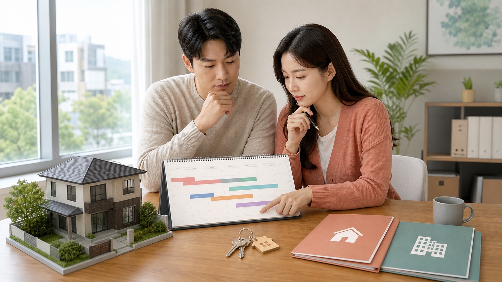 첫 집 소유자가 3년 달력과 매각 임대 계약서를 놓고 취득세 추징 조건을 확인하는 모습