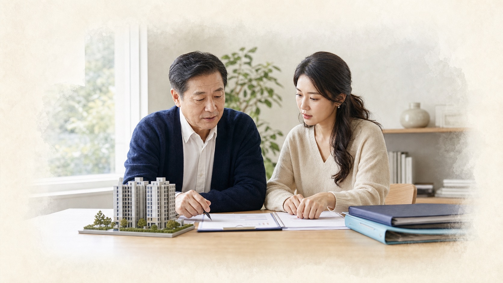 부동산 증여와 상속을 비교하며 가족이 서류를 검토하는 모습