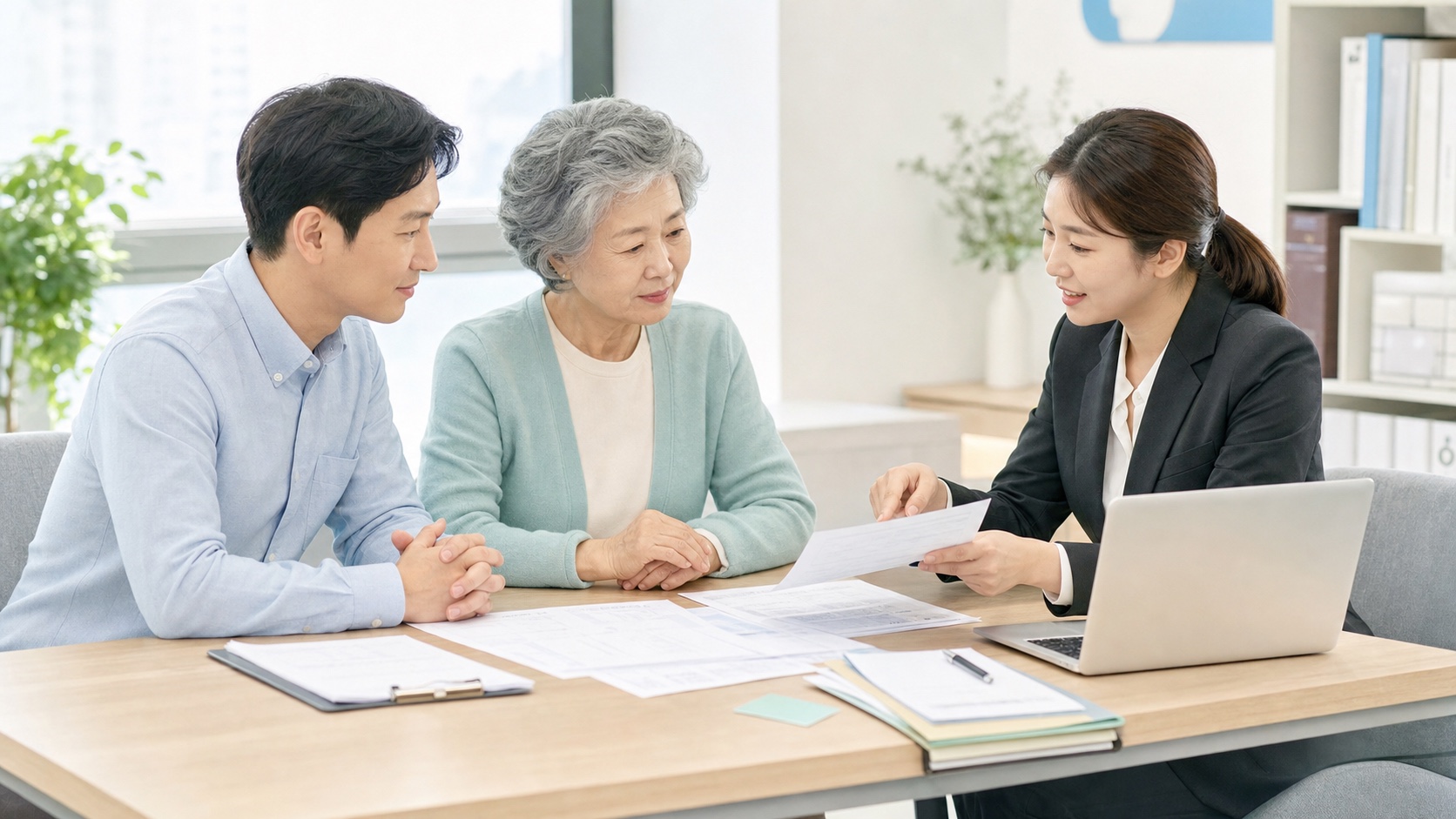 직장가입자 가족이 건강보험 피부양자 등록 서류와 소득 재산 기준을 상담받는 모습