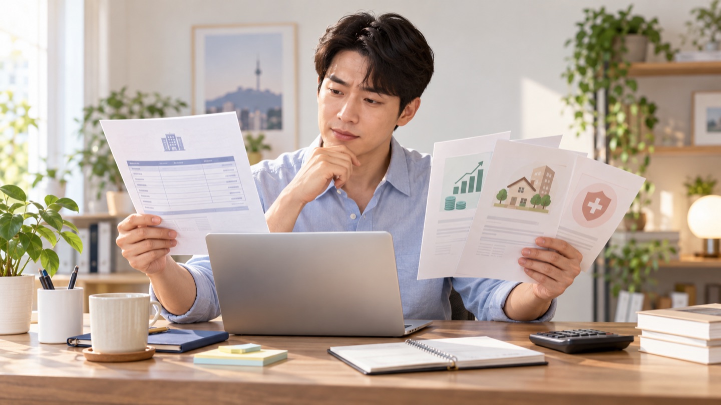 직장인이 월급명세서와 배당·임대소득 서류를 나란히 살펴보는 모습