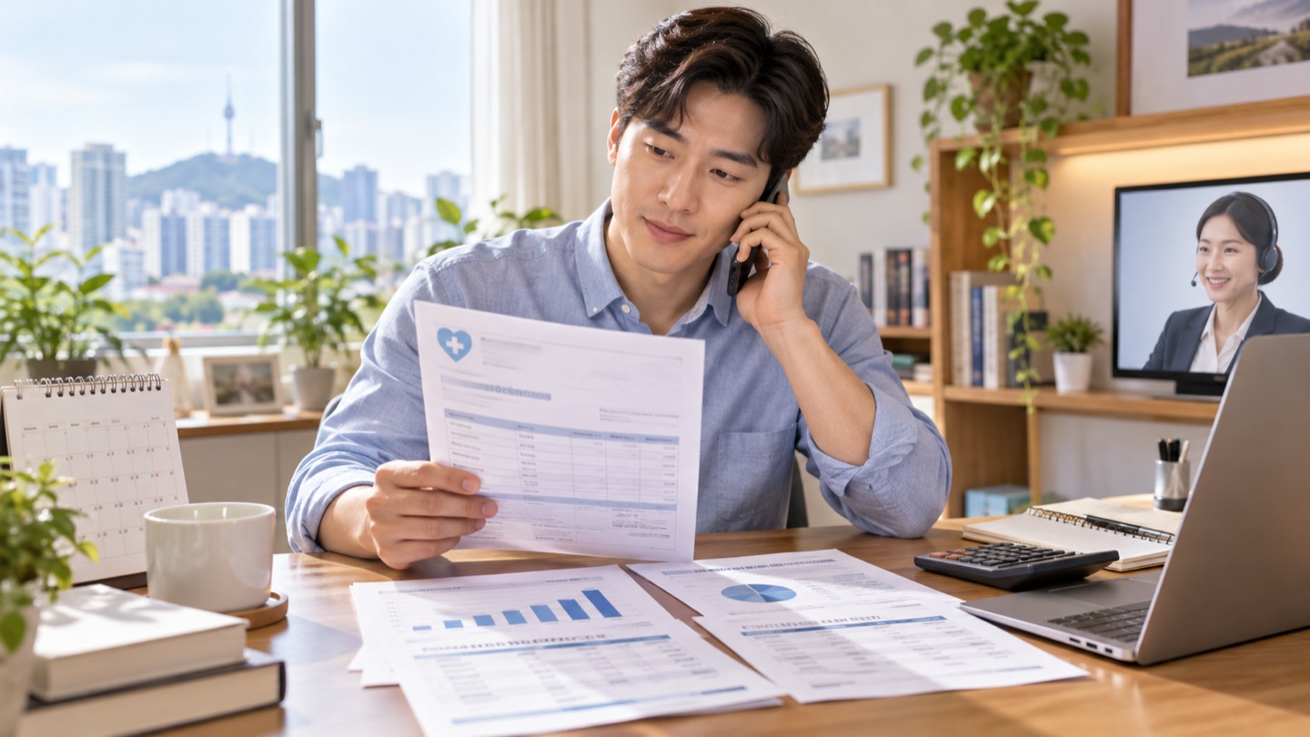 직장인이 작년 소득 자료와 올해 보험료 고지 월을 달력에서 확인하는 모습