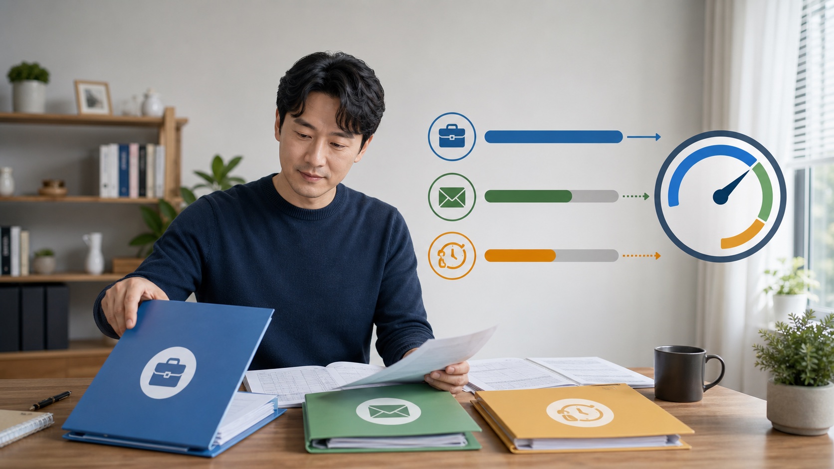 프리랜서가 사업소득 근로소득 연금소득의 건강보험 반영률을 장부에서 구분하는 모습