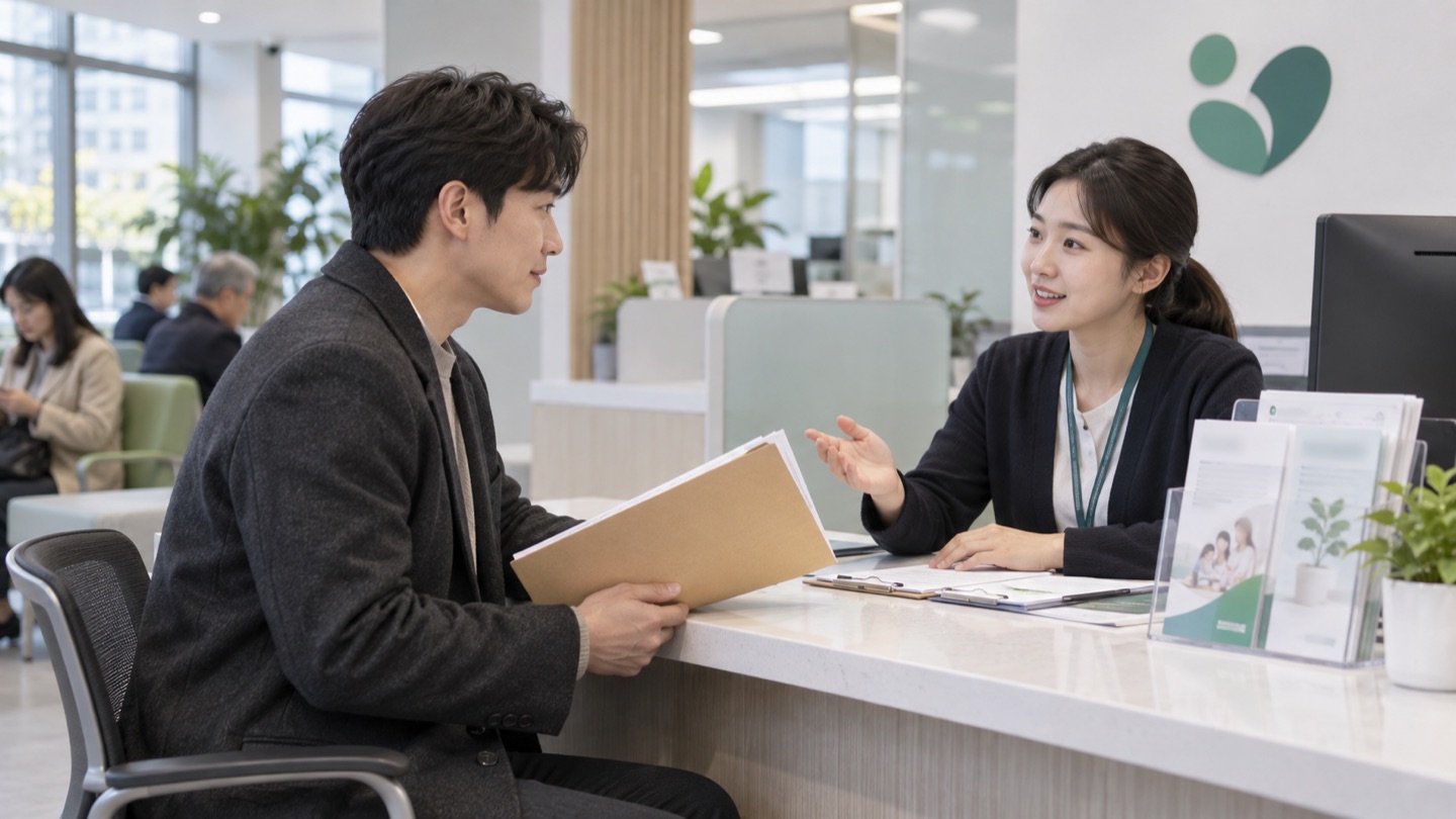 퇴직자가 건강보험 상담 창구에서 서류와 납부 방법을 확인하는 모습