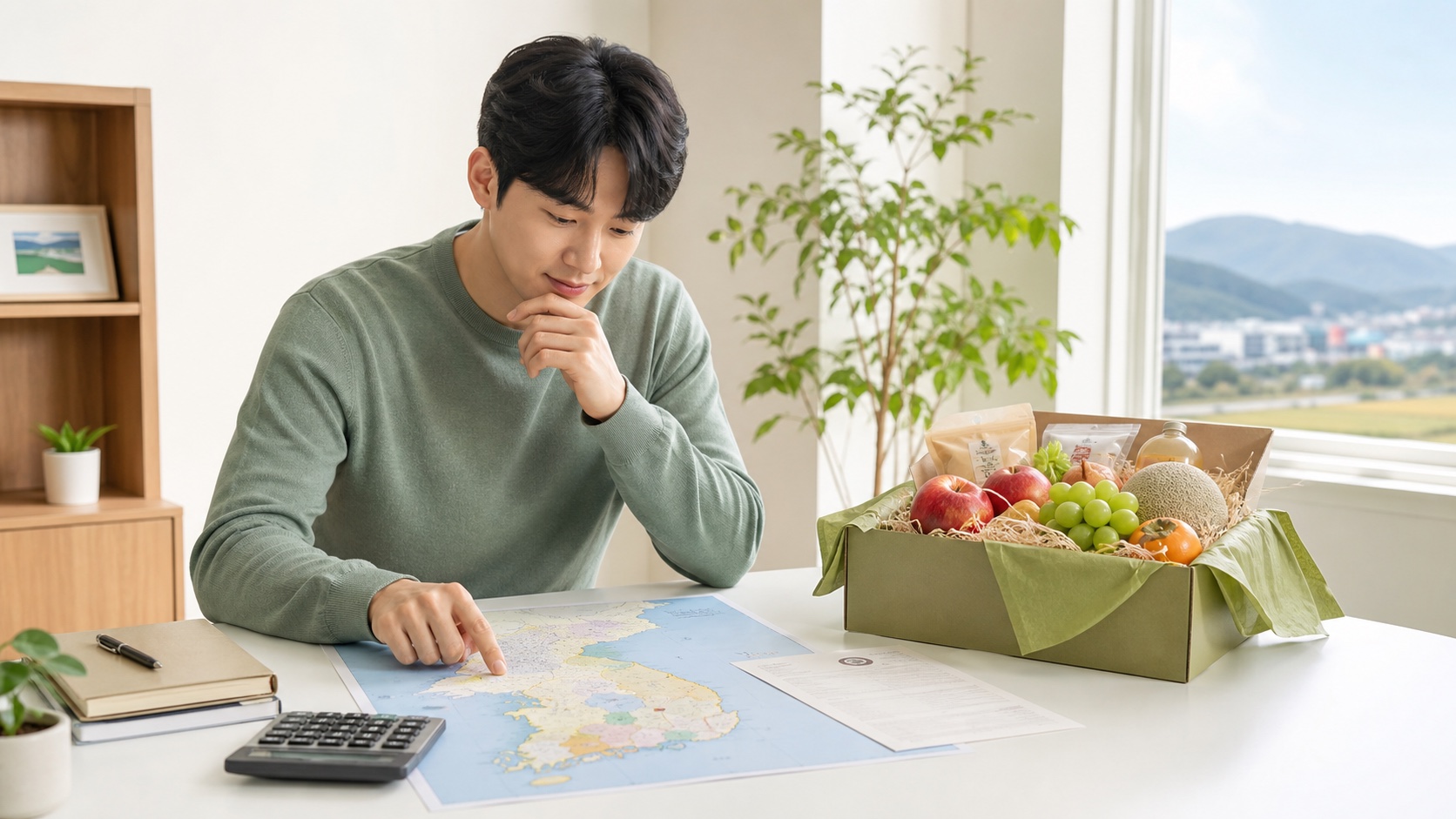 기부자가 지역 지도와 특산품을 살펴보며 2026 고향사랑기부금 세액공제를 계산하는 모습