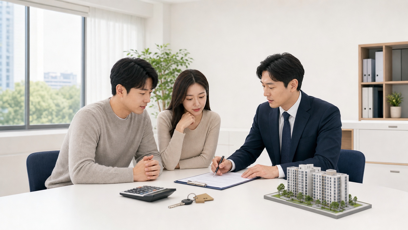 주택 매수자가 계약서와 계산기로 2026년 취득세를 상담받는 모습