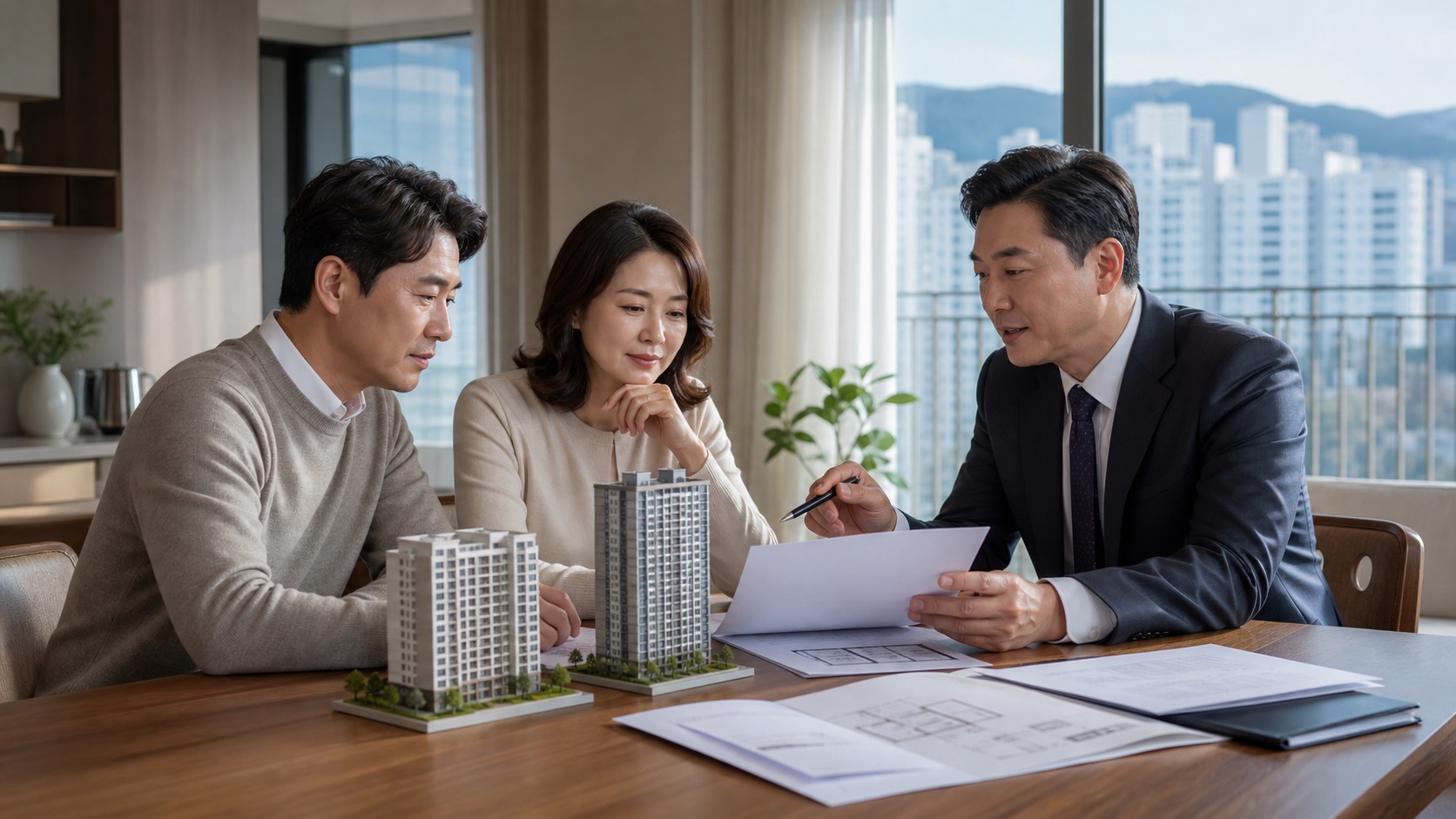 고가 아파트 두 채를 보유한 부부가 세무전문가와 임대보증금 사례를 검토하는 모습
