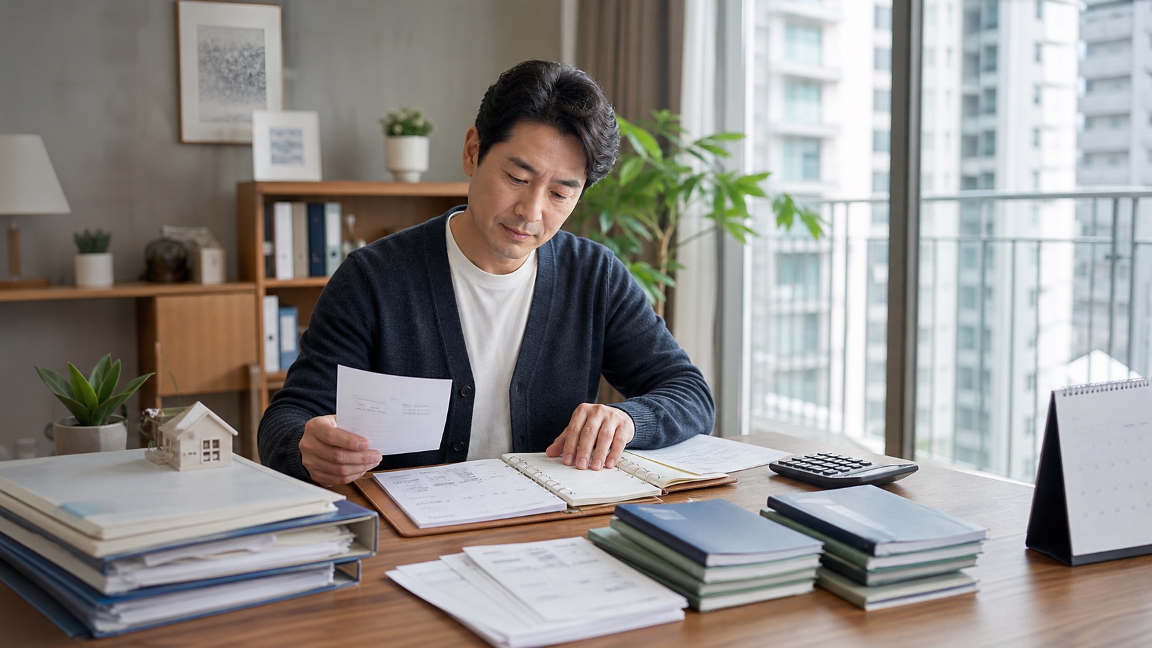 임대인이 계약서와 보증금 입출금 자료를 날짜순으로 정리하는 모습