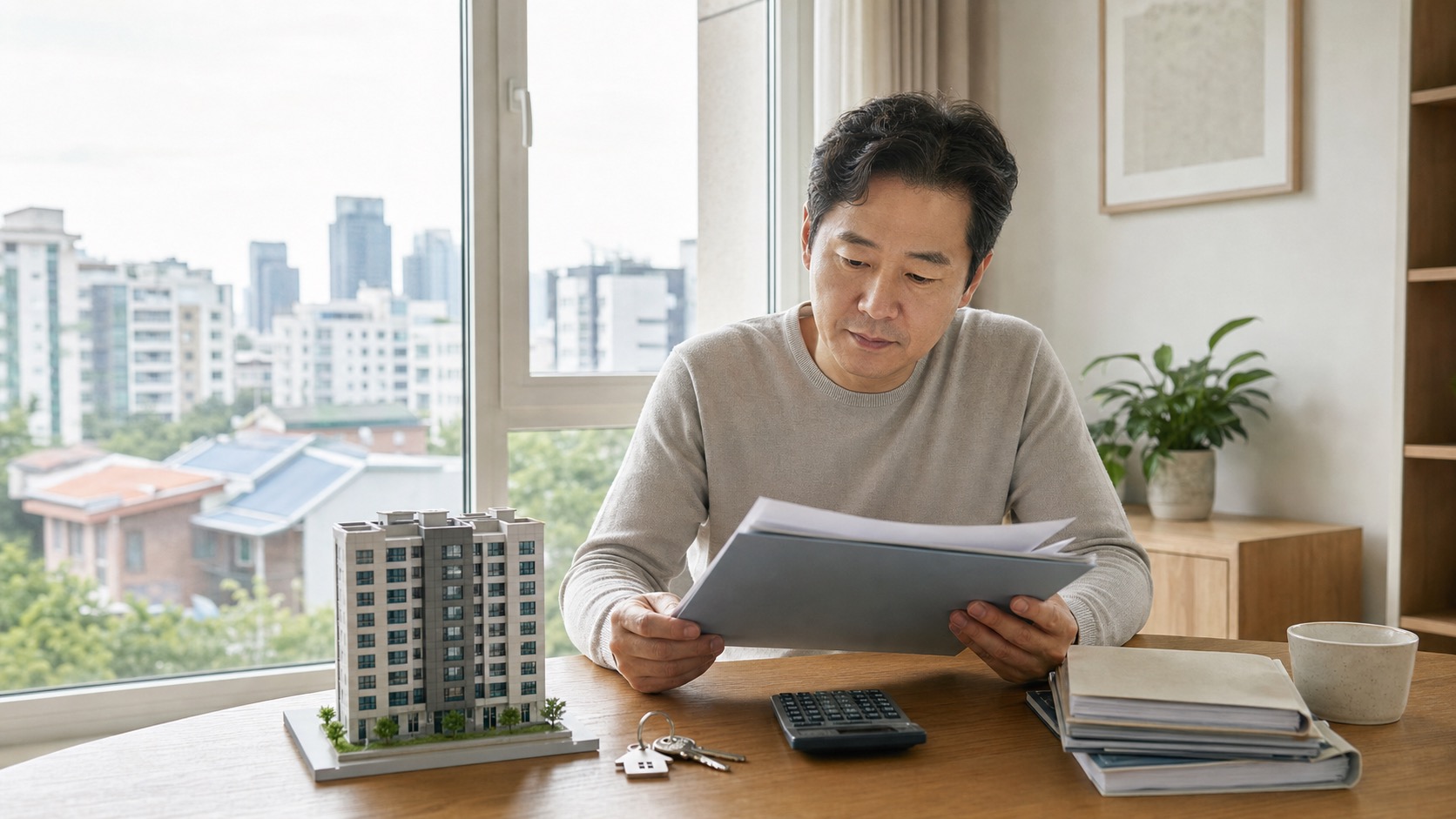 주택임대소득 신고를 위해 계약서와 계산기를 확인하는 임대인