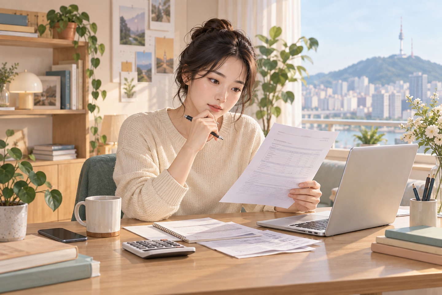 프리랜서가 소득금액증명과 노트북 화면을 비교하며 증빙자료를 확인하는 모습