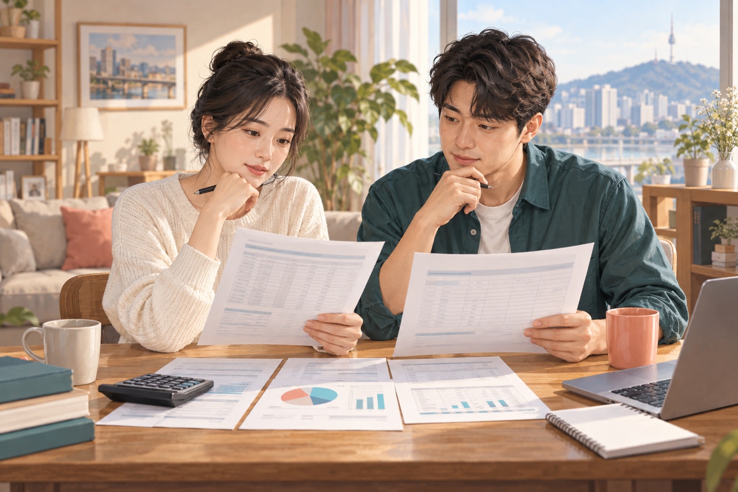프리랜서가 증명서의 수입금액과 소득금액 열을 계산기로 비교하는 모습