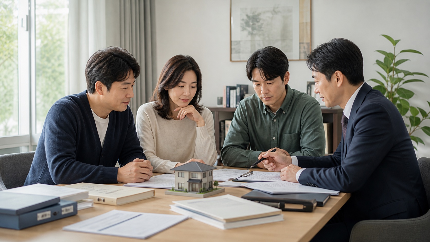 성인 상속인들이 전문가와 상속재산 목록 및 부동산 분할 방안을 협의하는 모습