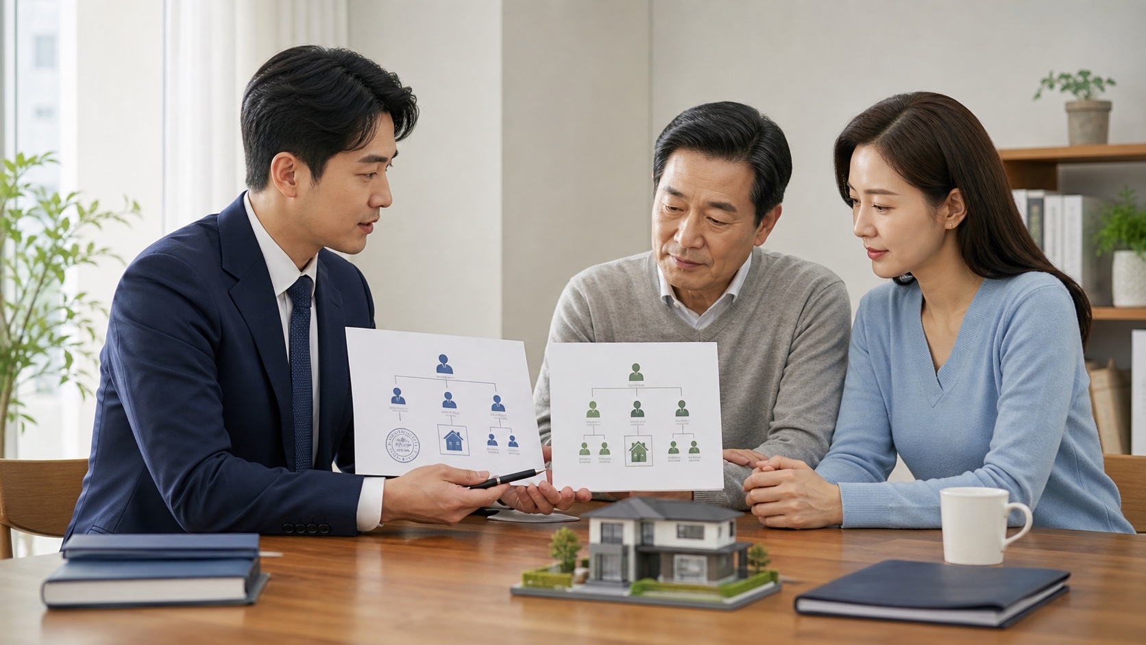 상속인들과 전문가가 이미 등기된 지분 서류와 새 재분할안을 두 묶음으로 비교하는 모습