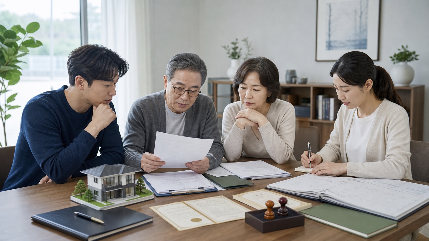 상속인 가족이 상속재산분할협의서와 가족관계서류 및 부동산 등기서류를 일정표에 맞춰 정리하는 모습