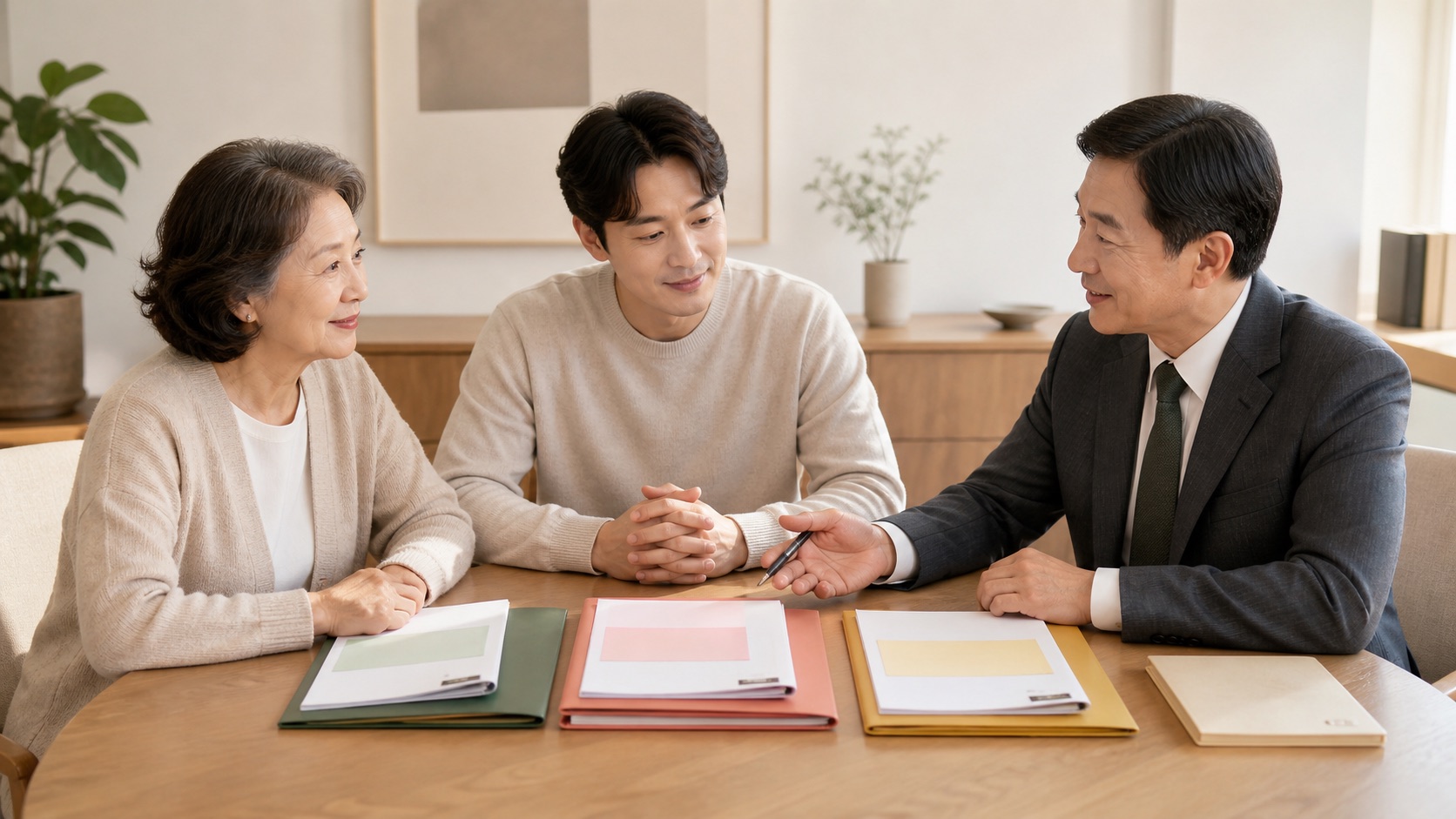 배우자와 성인 자녀가 세무전문가와 상속공제 서류를 항목별로 나누는 모습