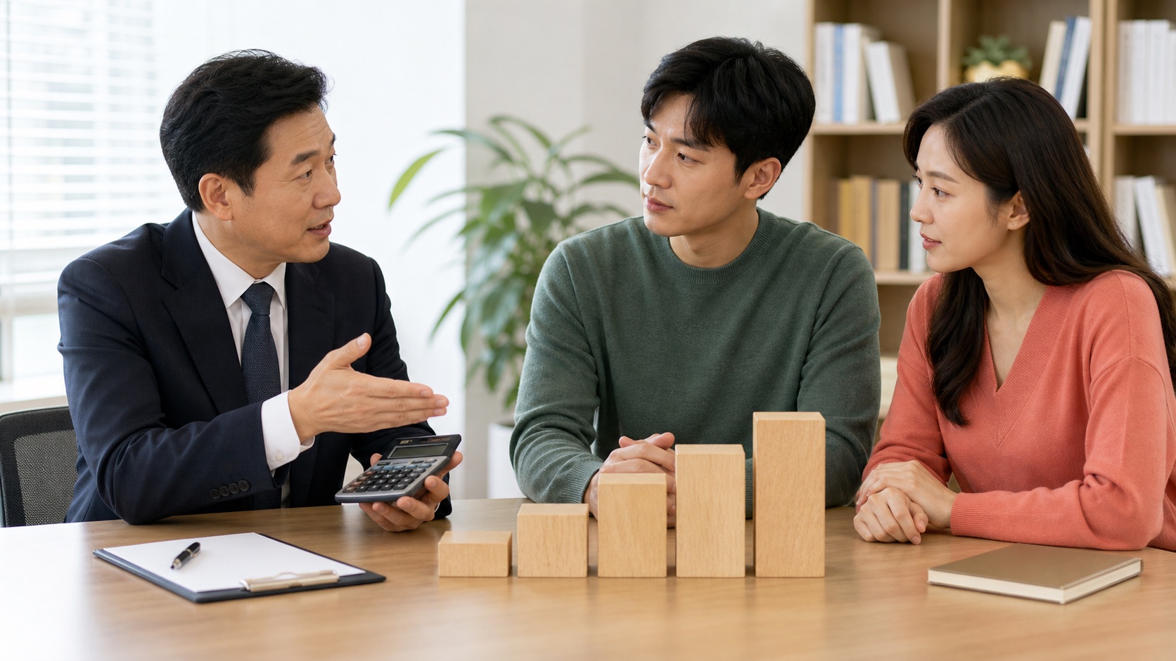 세무전문가가 다섯 단계 블록을 활용해 상속세 누진세율을 설명하는 모습