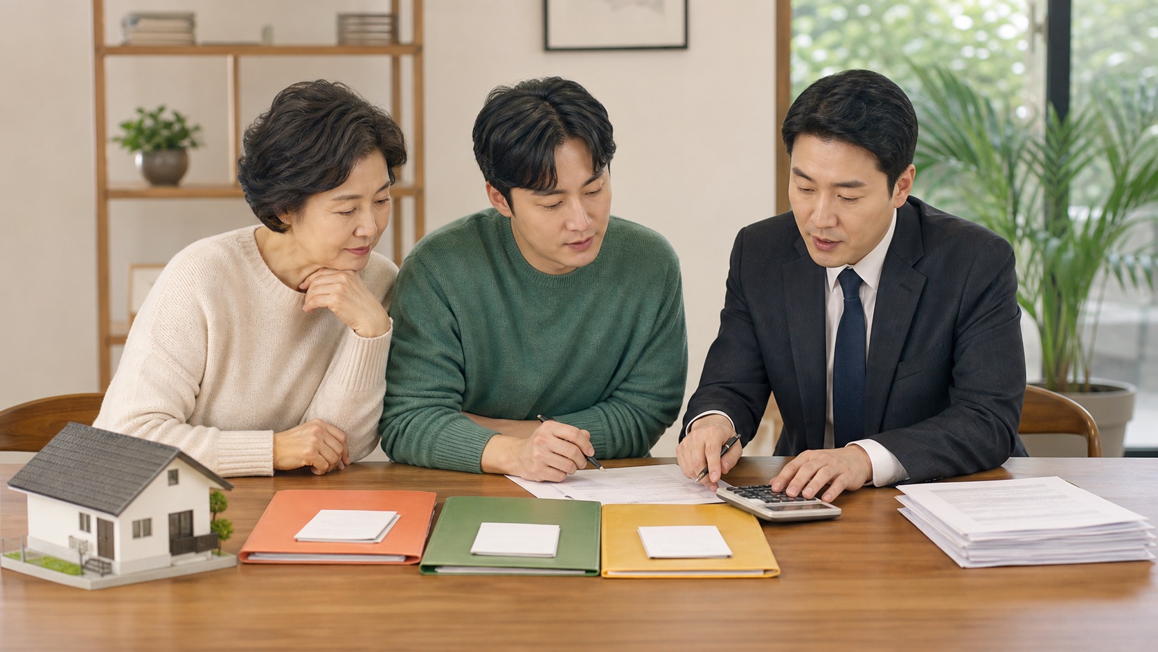 가족이 주택과 채무 및 상속공제 자료로 단순 상속세 사례를 계산하는 모습