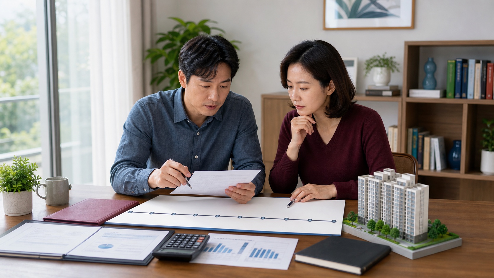 상속인이 부동산 상속서류와 10년 납부계획표를 놓고 상속세 연부연납을 검토하는 모습