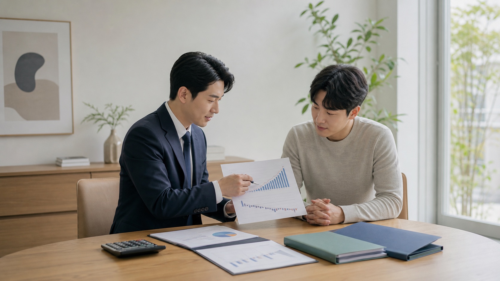 투자자가 자산관리 전문가와 ISA 계좌의 수익·손실 및 세금 자료를 확인하는 모습