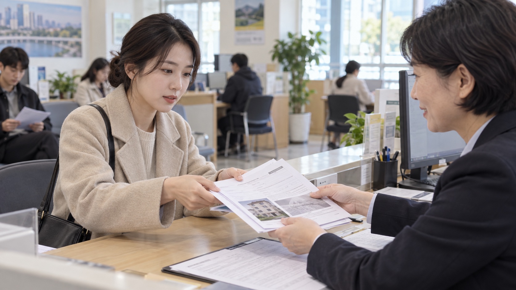 계약서 이체 내역과 경매 통지서를 종류별로 정리하는 신청 준비 장면