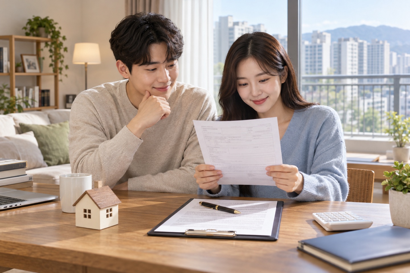 세입자가 임대차계약서와 주민등록 자료를 확인하는 모습