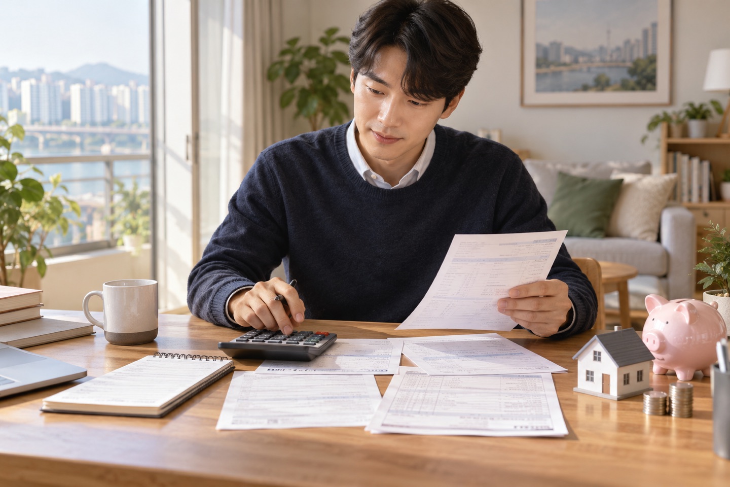 직장인이 은행 상환액과 청약저축 납입액을 계산기에 입력하는 모습