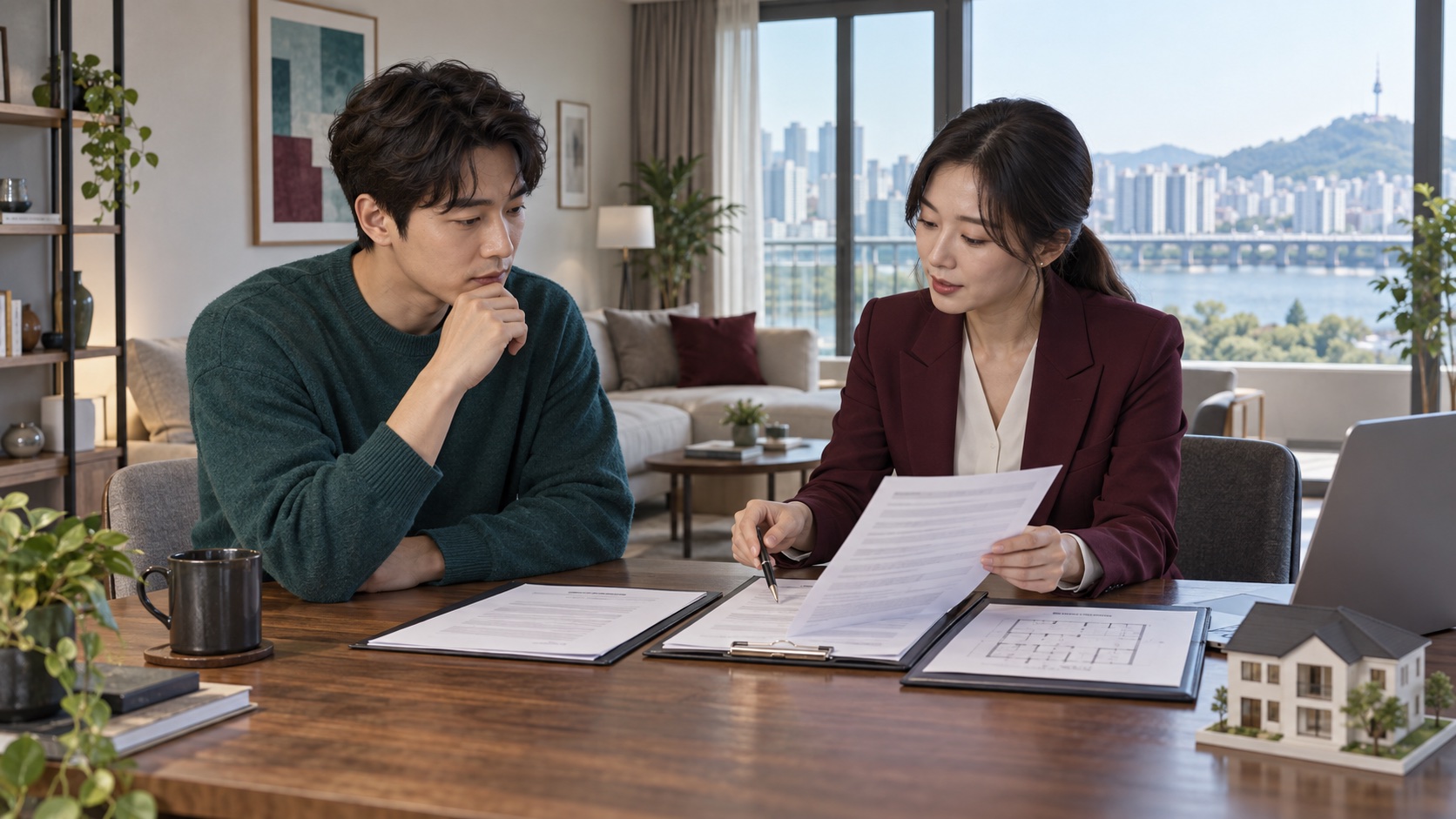 세입자와 중개사가 주택 등기 및 임대차 서류를 대조하는 모습
