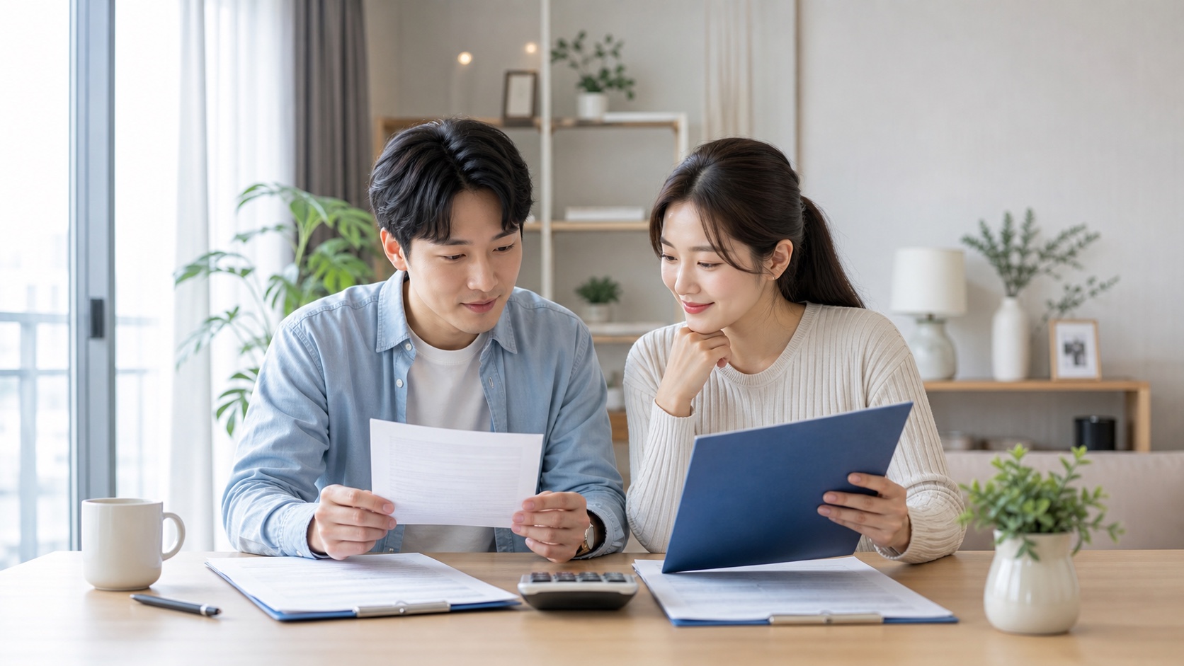 신혼부부가 혼인신고서와 각자의 연말정산 서류를 함께 확인하는 모습