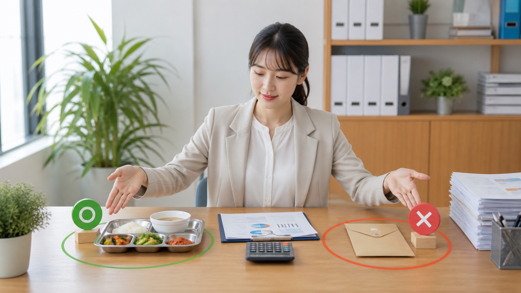급여 담당자가 현금 식대와 구내식당 제공 여부를 두 칸으로 나눠 확인하는 모습