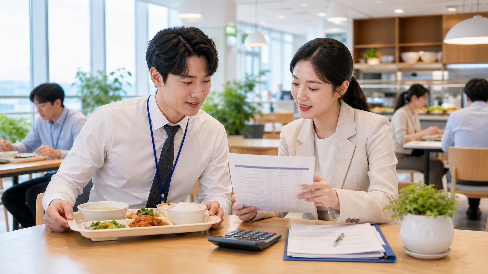 직원이 구내식당 식사와 급여명세서 현금 식대를 함께 비교하는 모습