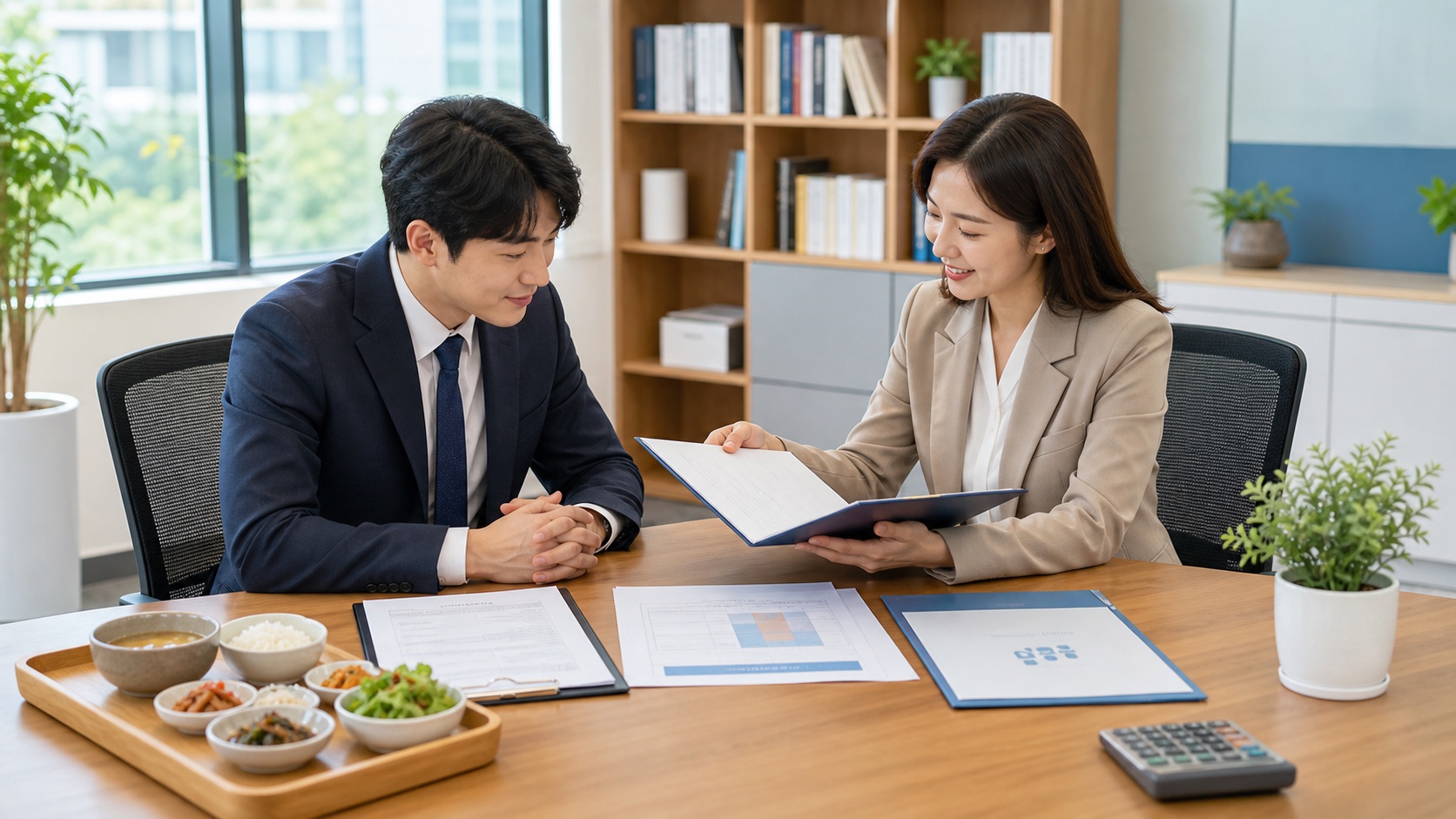 직장인과 급여 담당자가 근로계약서의 고정 식대와 퇴직금 산정 자료를 확인하는 모습