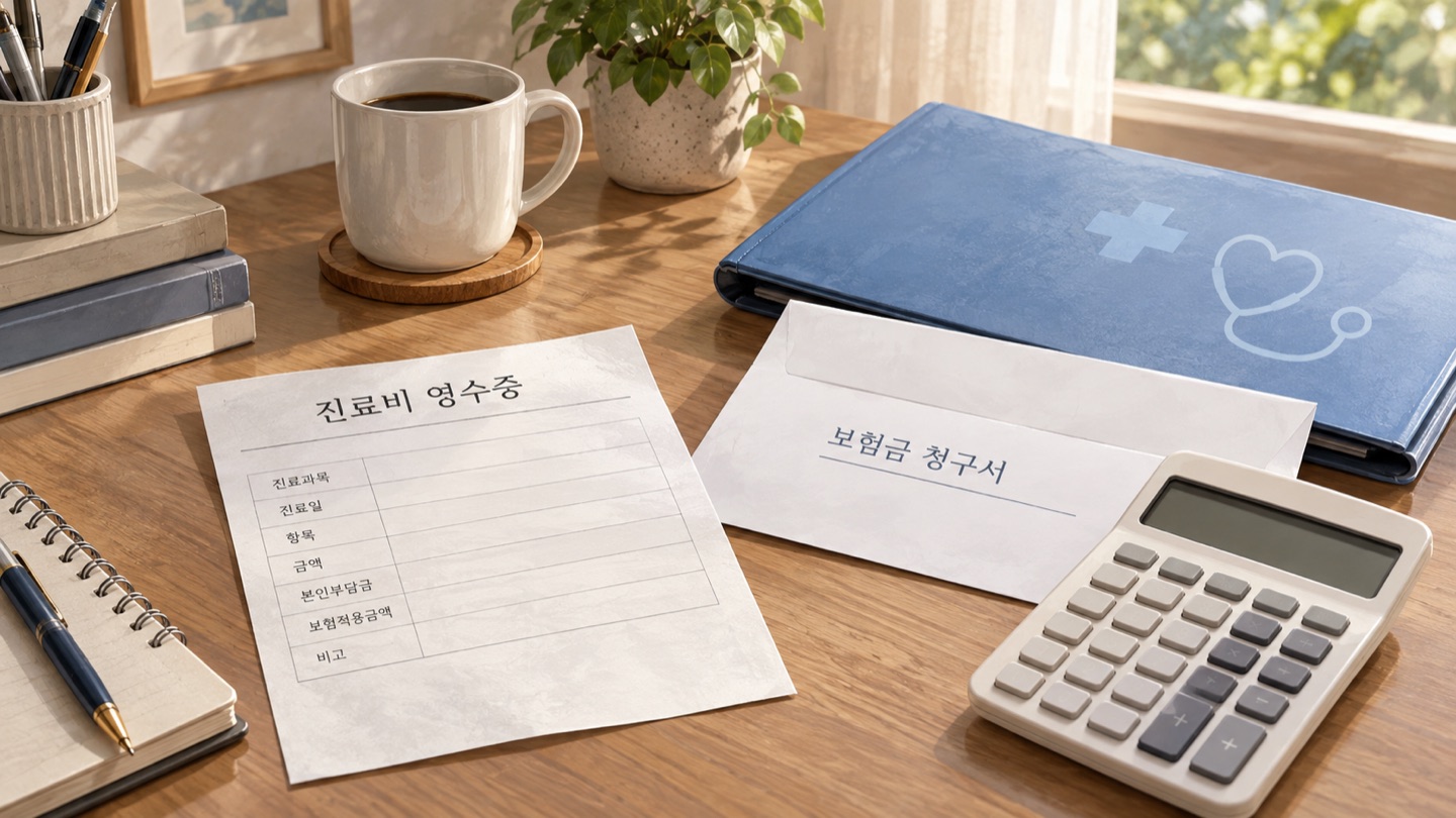 병원 영수증과 실손보험 청구 서류, 계산기를 나란히 놓은 책상