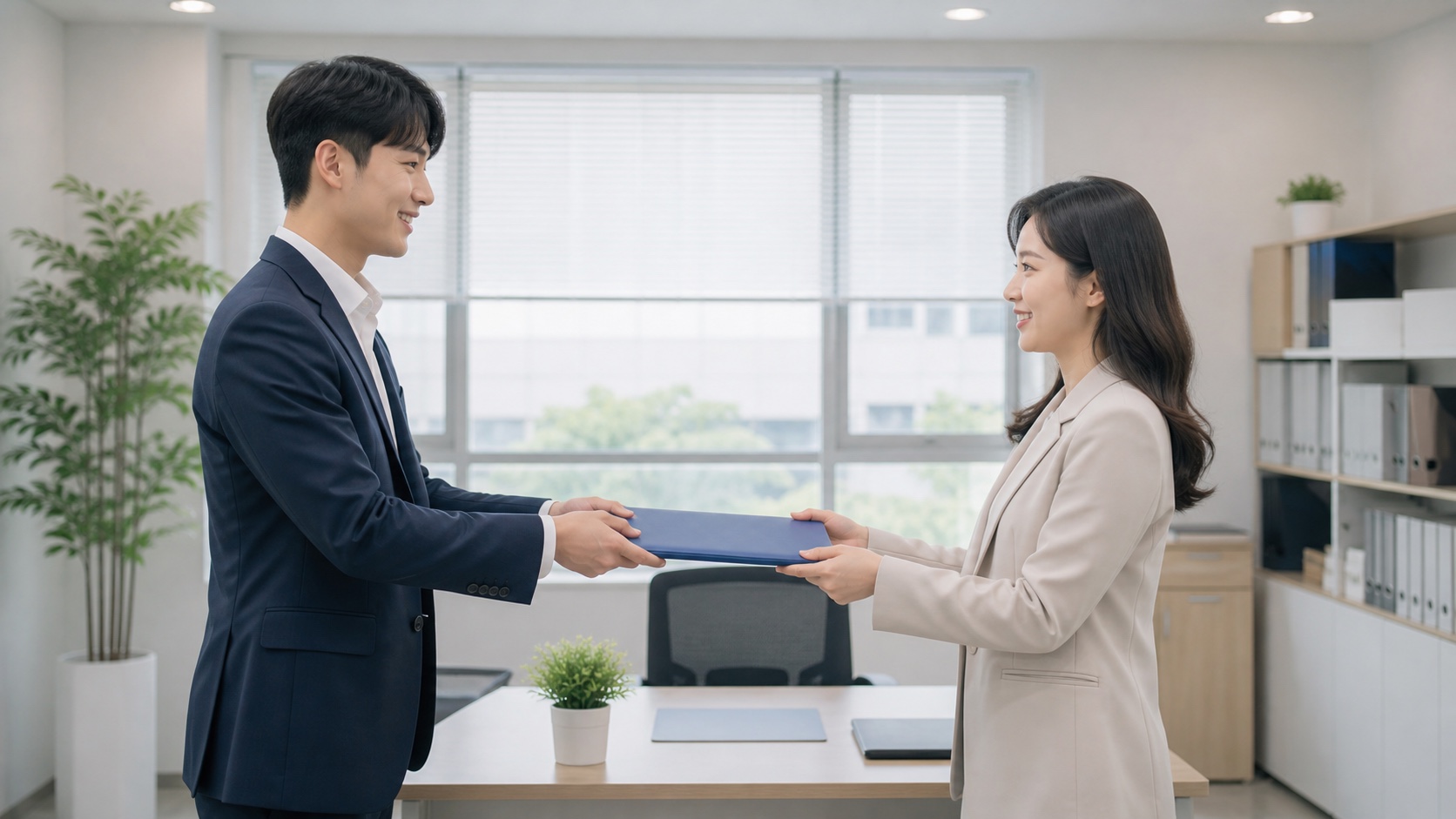 재취업한 근로자가 이전 회사 원천징수영수증을 새 회사 급여 담당자에게 제출하는 모습