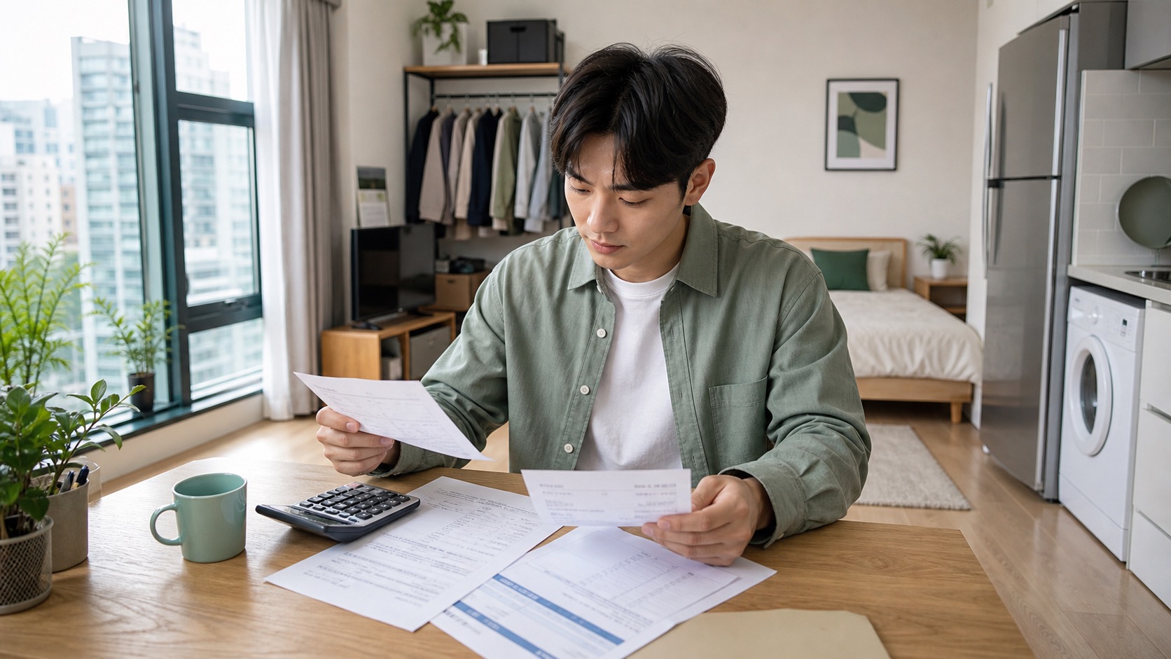 월세 세액공제 서류와 계산기를 검토하는 직장인