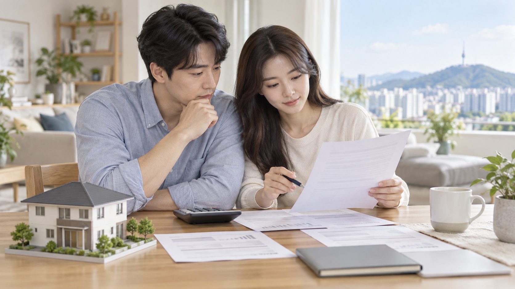부부가 주택담보대출 약정과 계산기를 보며 조기상환 비용을 비교하는 모습