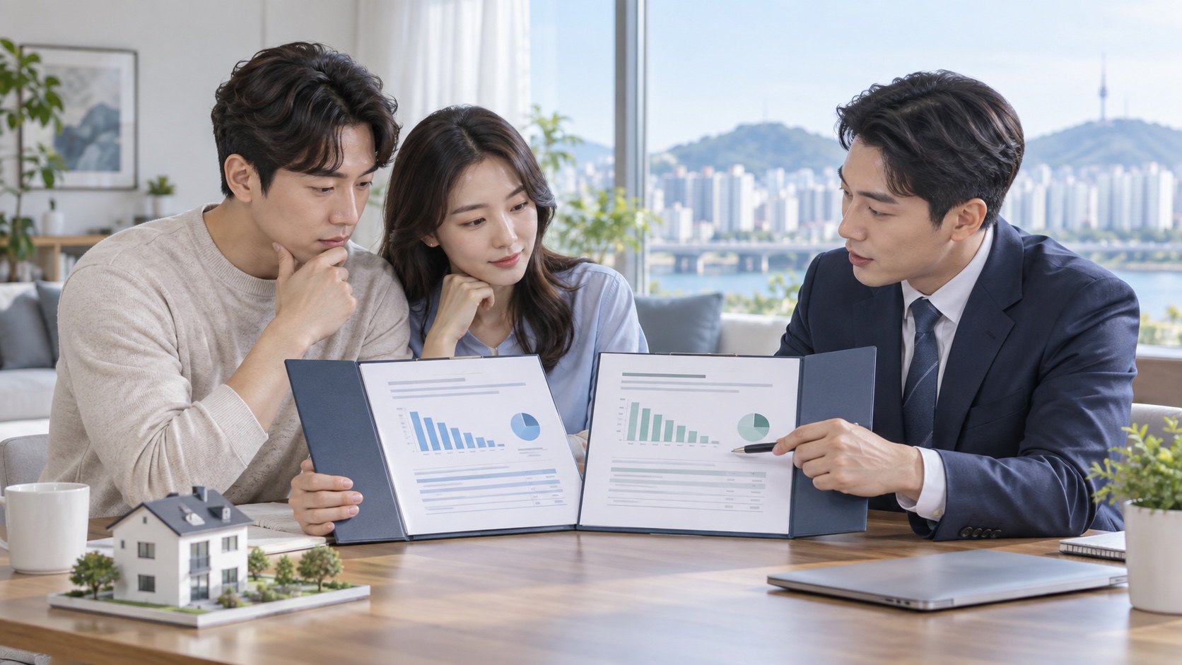 상담사와 주택 소유자가 기존 대출과 새 대출 자료를 비교하는 모습