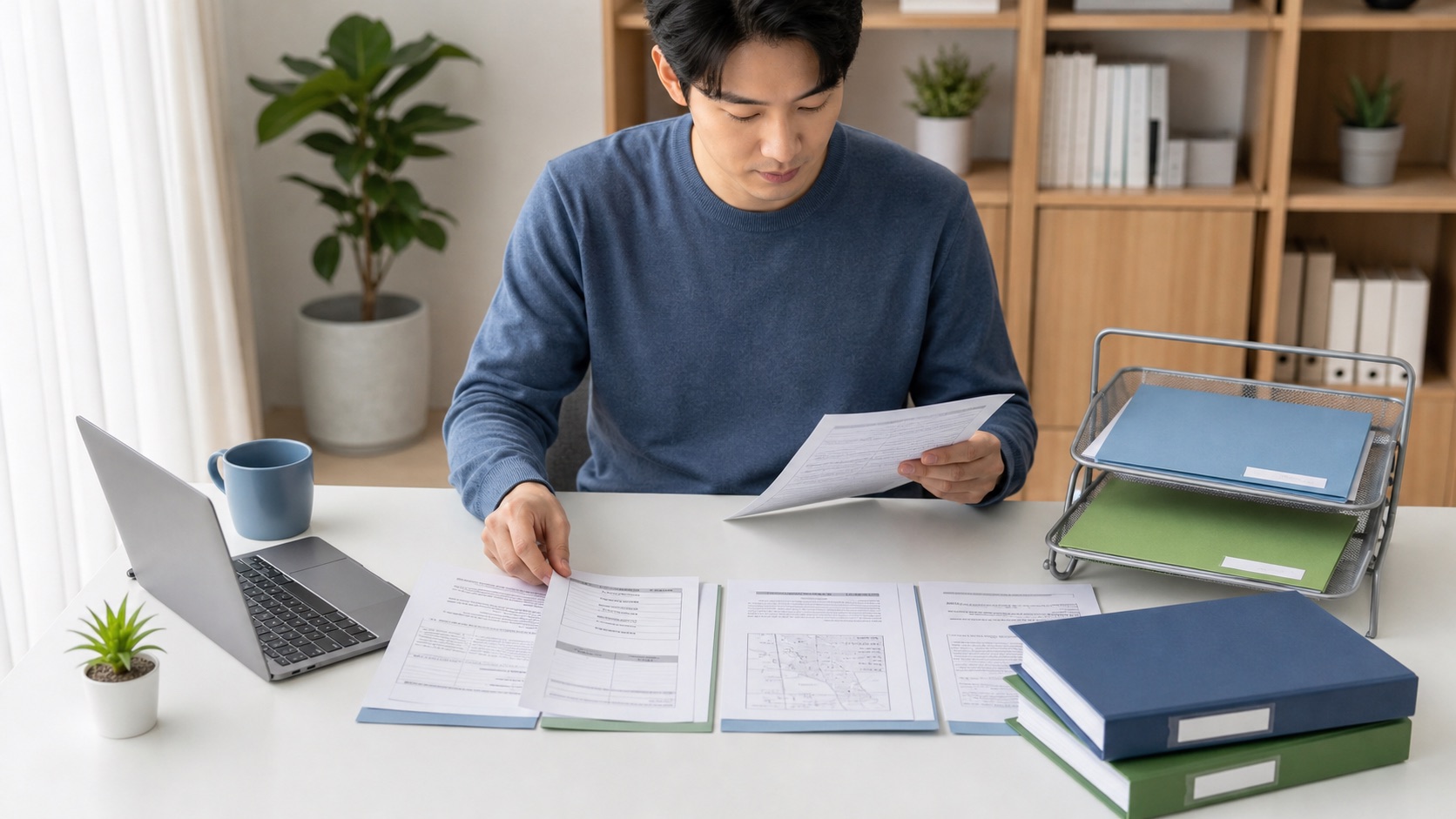 직장인이 이자상환증명서와 주민등록등본, 등기부등본을 순서대로 정리하는 모습