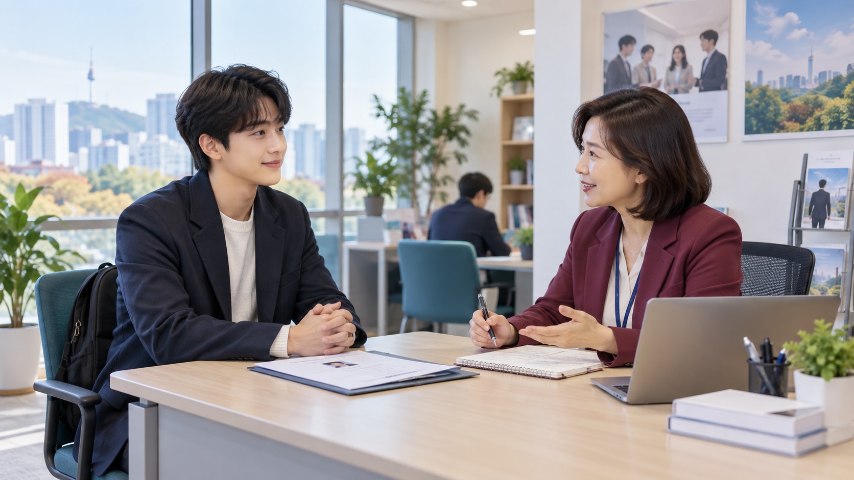구직자가 고용센터 상담사와 취업 준비 자료를 확인하는 모습