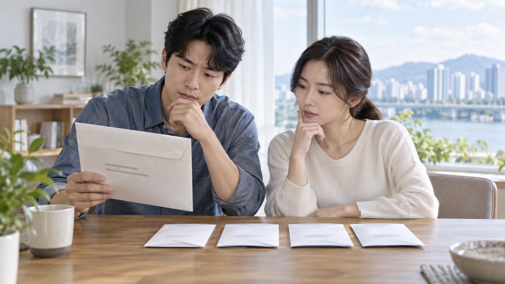 큰 납부 봉투 하나와 여러 개의 작은 봉투를 비교하는 부부
