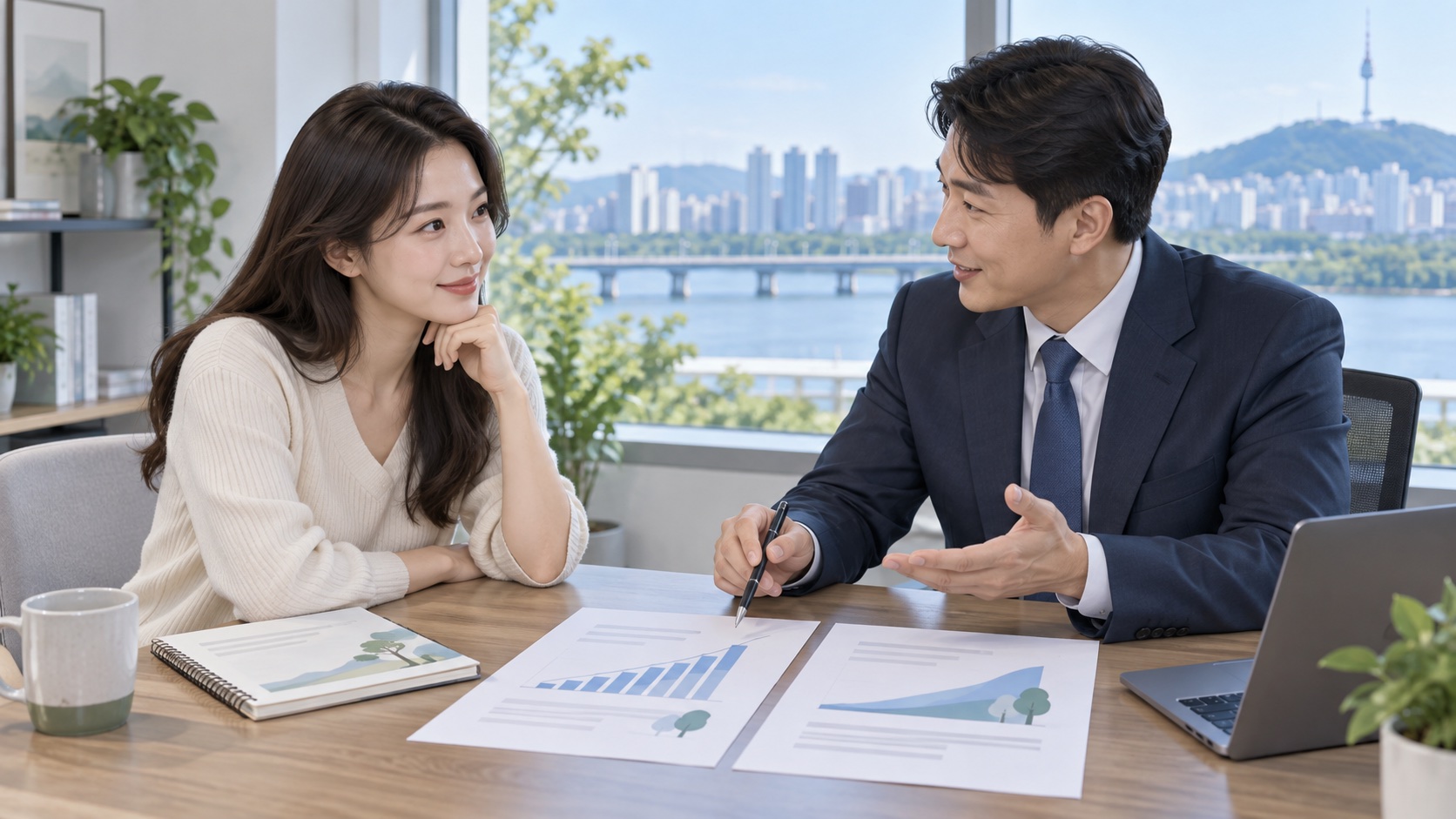 가입자가 상담사와 추납 전후 예상연금 자료를 비교하는 모습