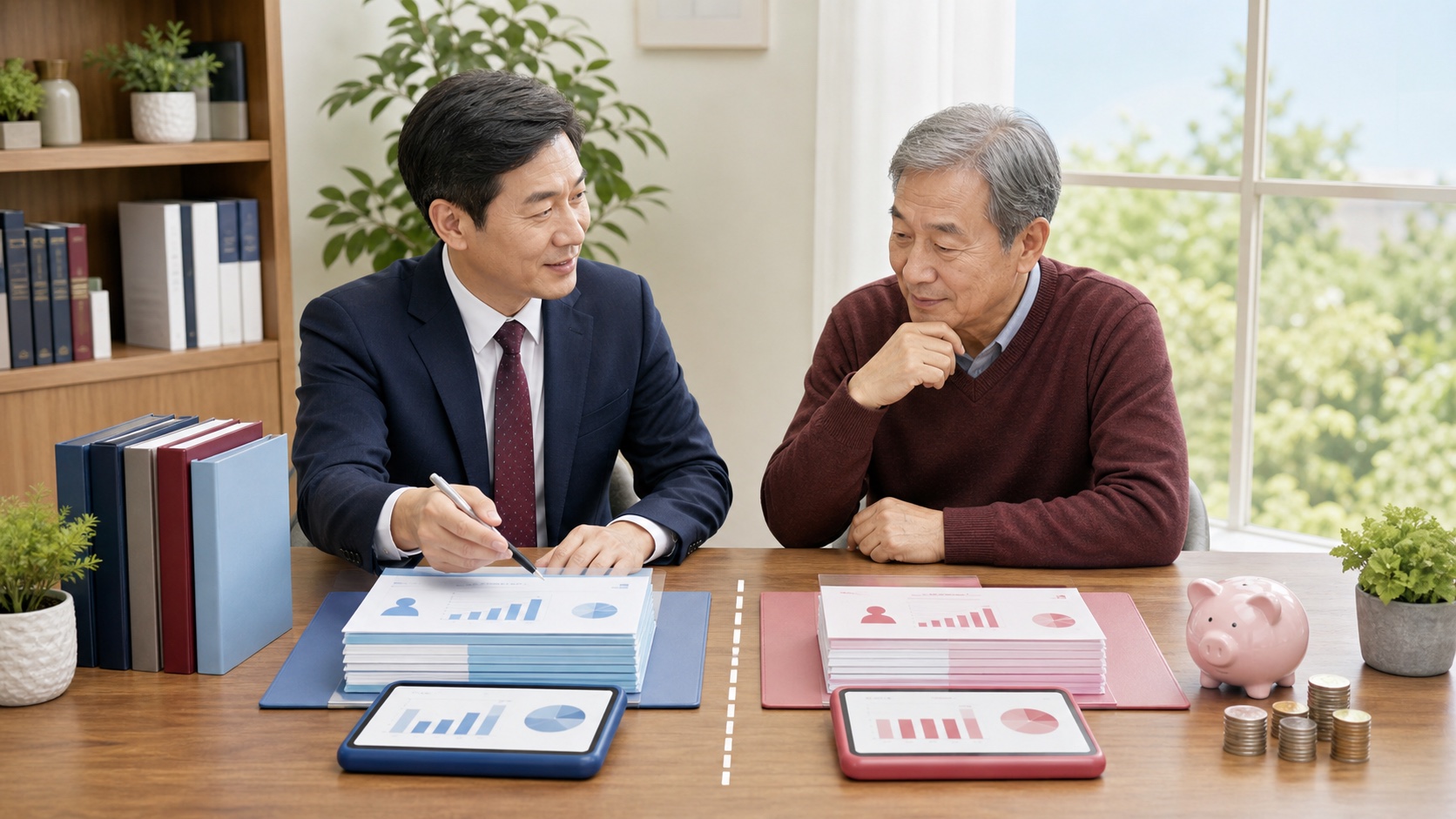 연금 수급자가 조기연금 소득기준과 재직 노령연금 감액기준을 두 표로 비교하는 모습