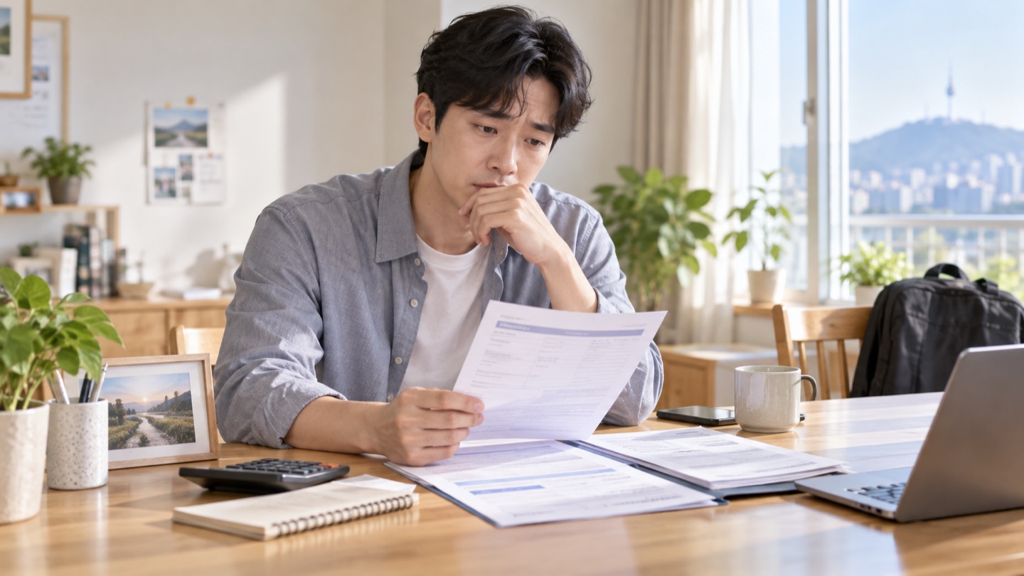 실직한 근로자가 국민연금 고지서와 납부예외 신청 자료를 확인하는 모습