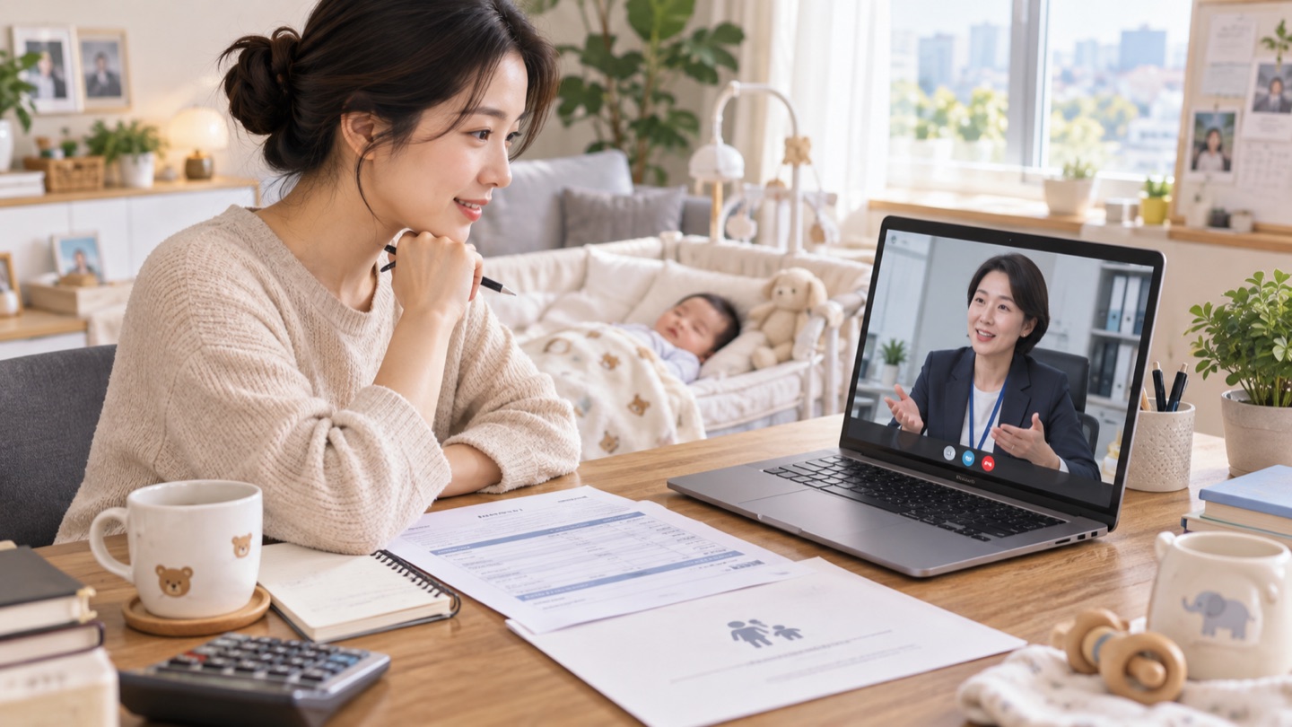 육아휴직 중인 근로자가 인사 담당자와 국민연금 서류를 확인하는 모습