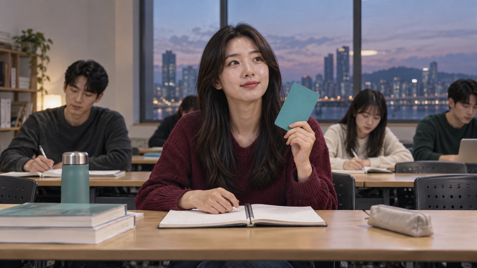 직장인이 저녁 수업을 준비하며 카드와 노트를 확인하는 모습