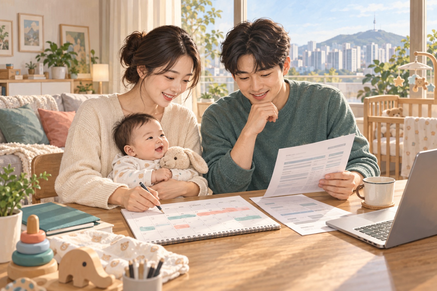아기를 돌보는 맞벌이 부모가 두 사람의 육아휴직 일정과 급여 자료를 함께 보는 모습