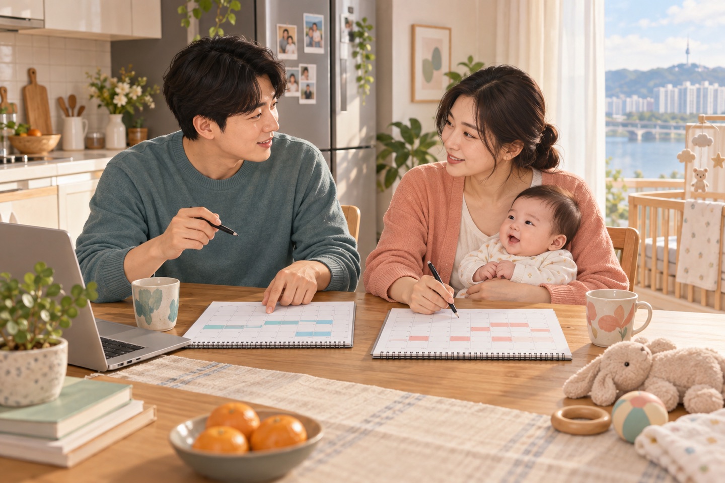 아기를 둔 부부가 각자의 육아휴직 일정을 달력 두 장에 표시하는 모습