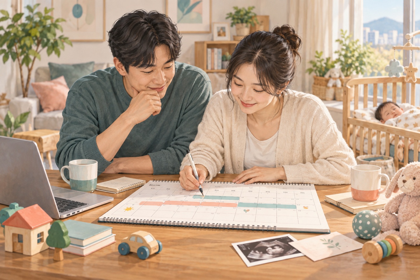 부모가 월별 육아휴직 급여표와 통상임금 자료를 대조하는 모습