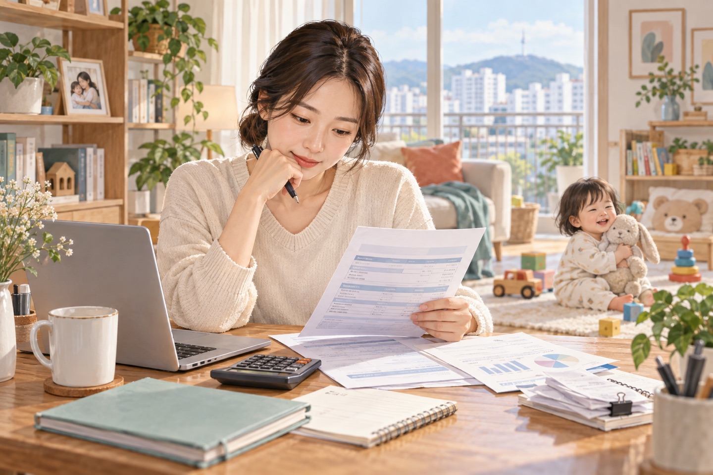 부부가 서로 다른 기간에 표시된 육아휴직 달력을 비교하는 모습