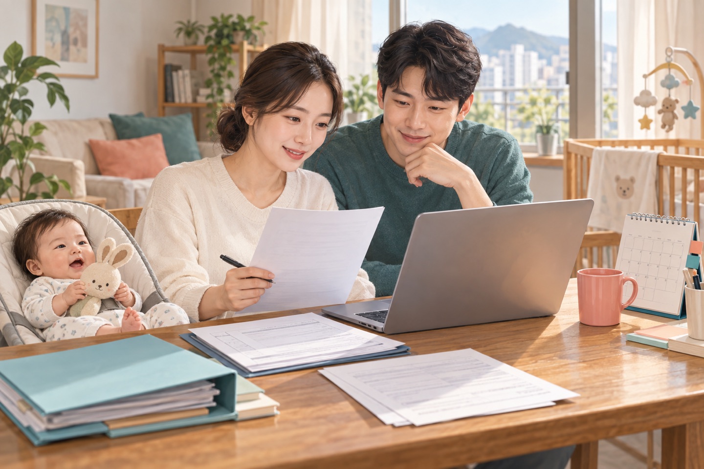 부모가 회사 육아휴직 확인서와 고용보험 신청서를 노트북 옆에 준비하는 모습