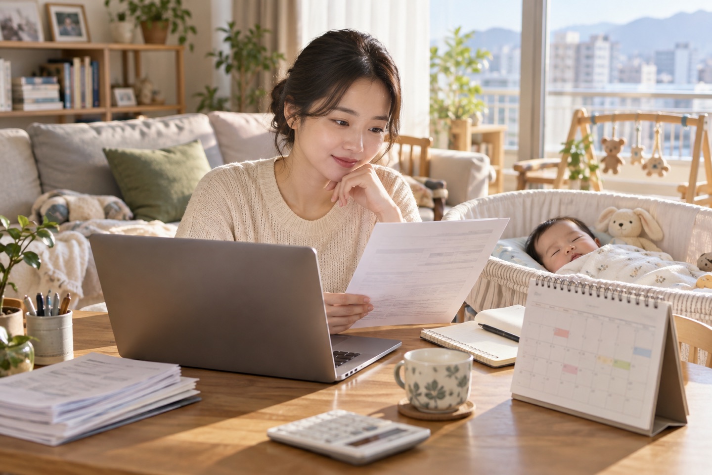 육아휴직 중인 부모가 아이 곁에서 건강보험료 고지서를 확인하는 모습
