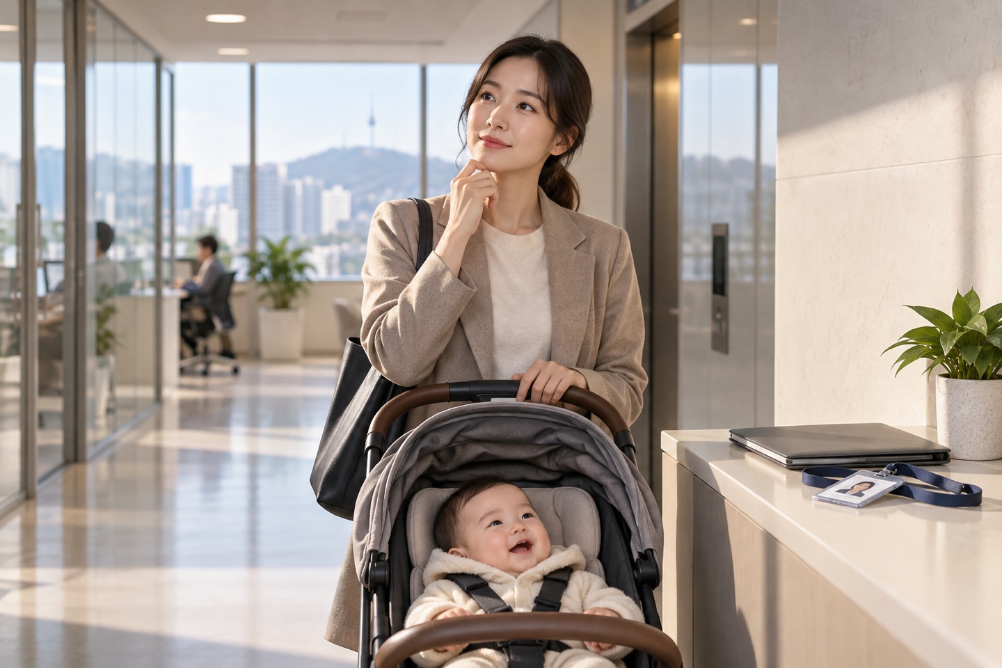 아이를 돌보는 직장인이 사원증과 건강보험 안내문을 함께 확인하는 모습